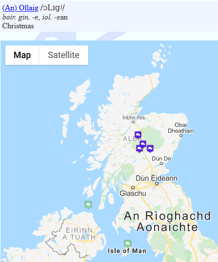 map showing the distribution of Ollaig
      in Scotland, Ireland and the Isle of Man